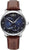 Montre pour homme : bracelet en cuir marron, boîtier argenté, cadran bleu avec compteurs