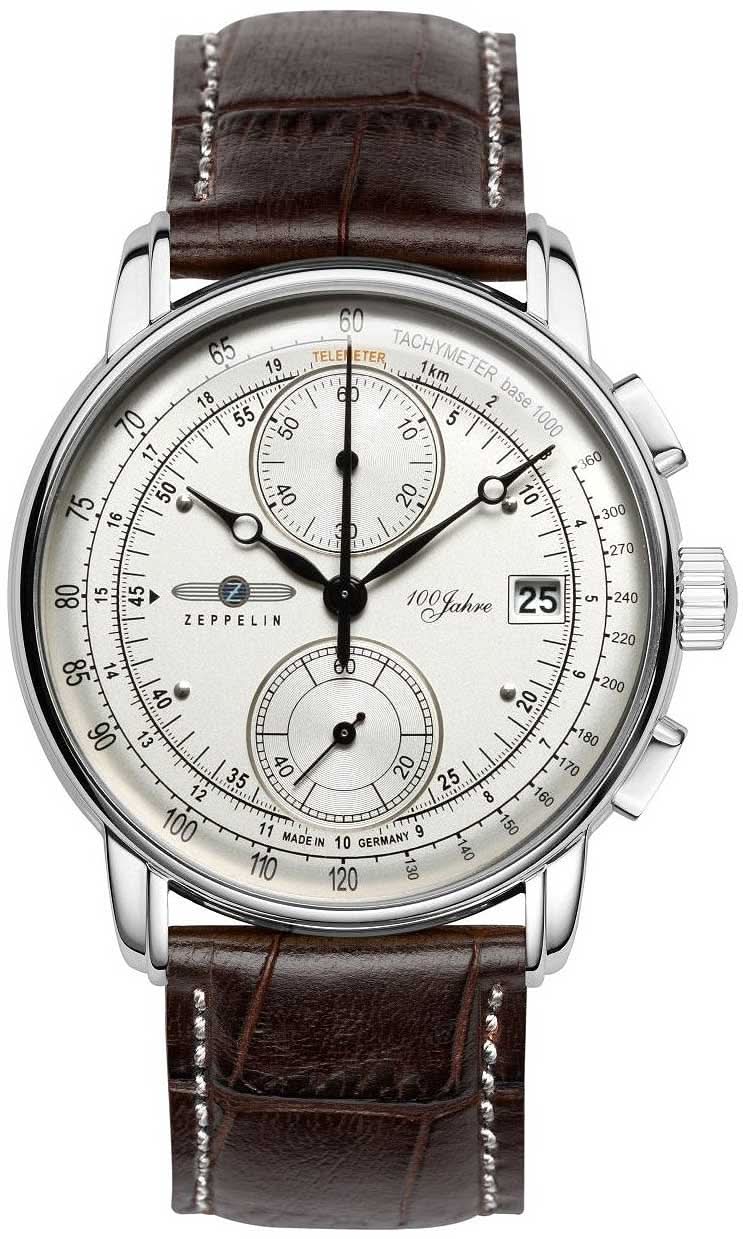 Montre homme avec chronographe, boîtier en acier inoxydable argenté, bracelet en cuir marron, date à 25