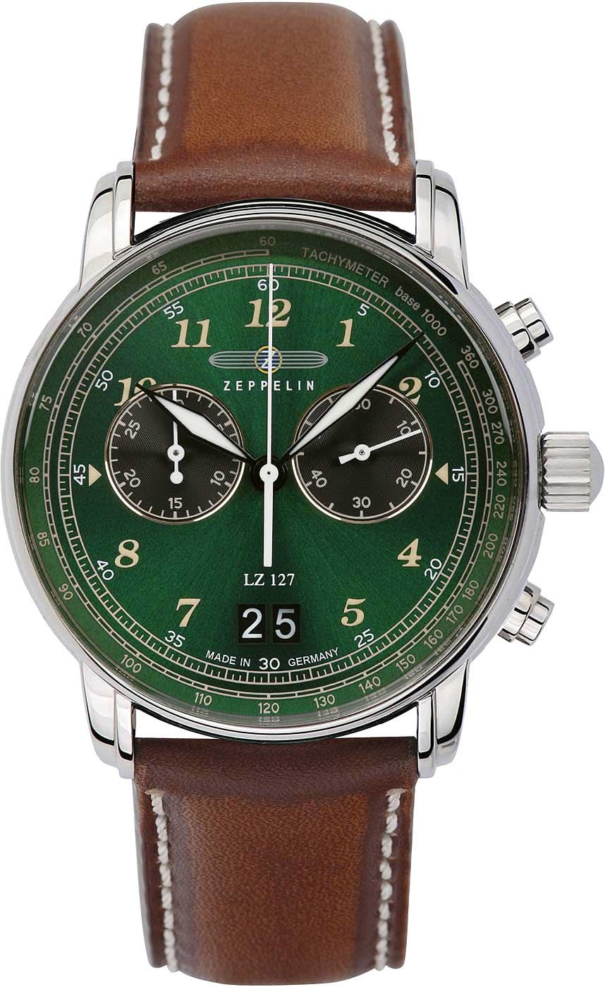 Herrenuhr: grünes Zifferblatt, braunes Lederarmband, Chronograph-Subdials