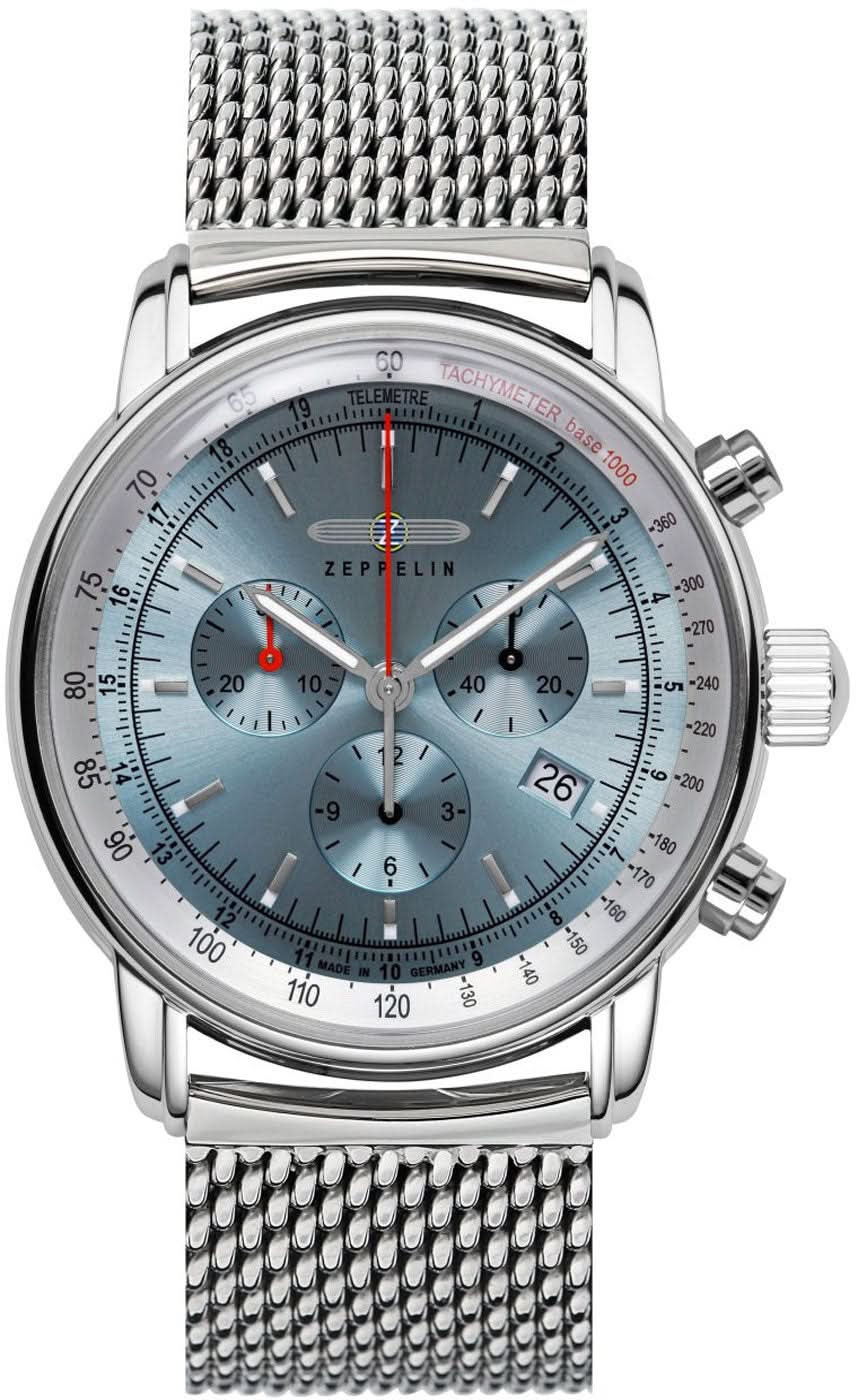 Bracelet de montre pour homme avec bracelet milanais, cadran bleu clair, sous-cadrans chrono et affichage de la date