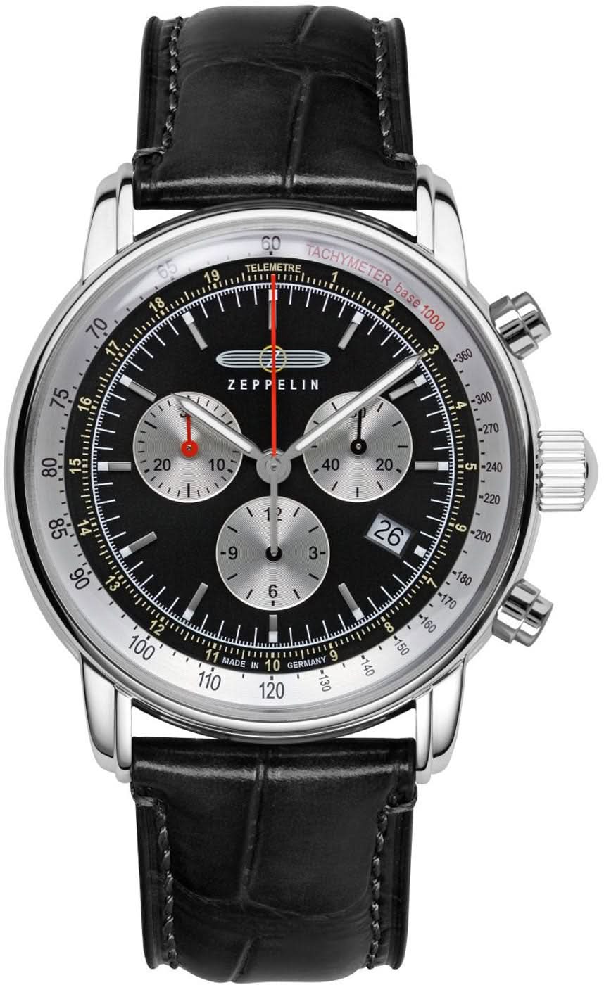 Chronographe pour homme avec cadran noir, bracelet en cuir et boîtier argenté, poussoirs