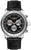 Chronographe pour homme avec cadran noir, bracelet en cuir et boîtier argenté, poussoirs