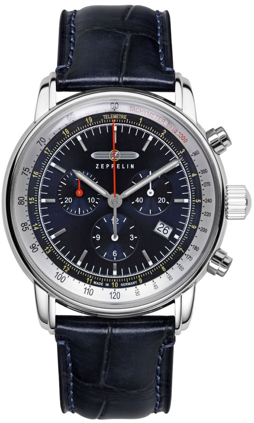 Montre pour homme avec bracelet en cuir bleu foncé, boîtier en acier inoxydable et cadran chronographe