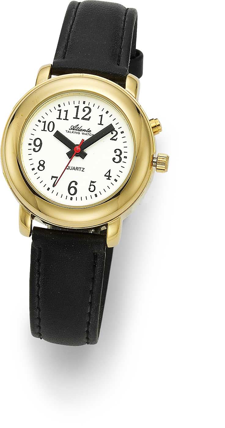 Atlanta Seniorenuhr mit schwarzem Lederarmband, goldfarbener Rundgehäuse und analogem Zifferblatt.