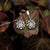 Boucles d'oreilles en argent avec pierre de lune ronde dans un cadre filigrane sur des feuilles