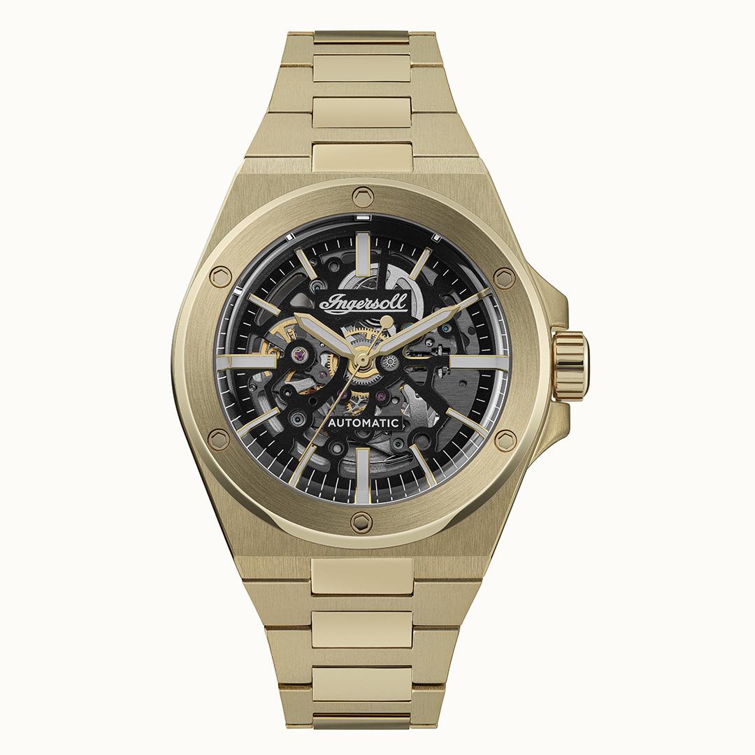 Herrenarmbanduhr mit Skelett-Zifferblatt, goldfarbenes Metallband und rundes Gehäuse