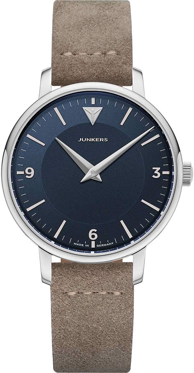 Montre Junkers Therese pour femme style Bauhaus avec cadran bleu foncé et bracelet en cuir beige