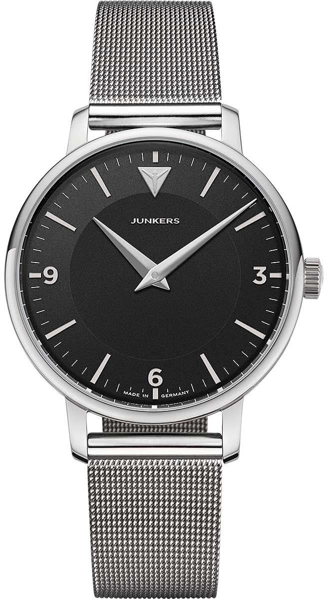 Junkers Damenuhr mit schwarzem Zifferblatt und silbernem Mesh-Armband, runde Gehäuseform
