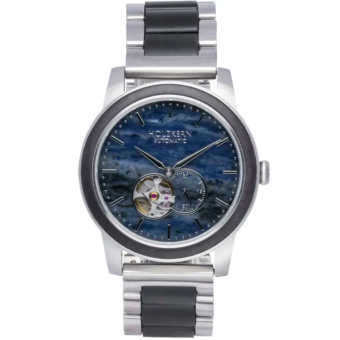 Holzkern Herrenuhr Singapore mit blauem Zifferblatt und Metallarmband, sichtbarem Automatikwerk