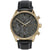 Holzkern Armbanduhr mit goldenem Gehäuse, schwarzem Lederband und Marmorzifferblatt
