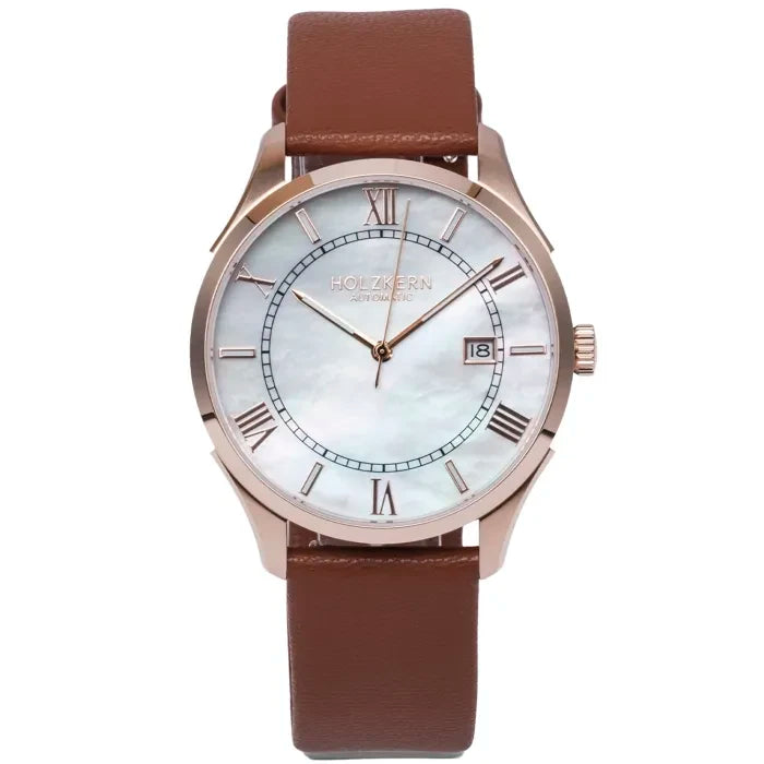 Holzkern Herrenuhr mit braunem Lederband, roségoldenem Gehäuse und weißem Zifferblatt