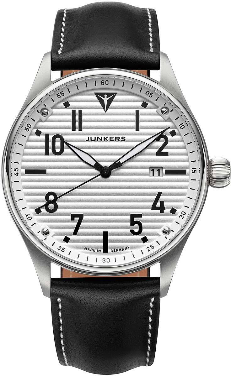 Junkers Montre homme avec bracelet en cuir noir, boîtier argenté et cadran blanc