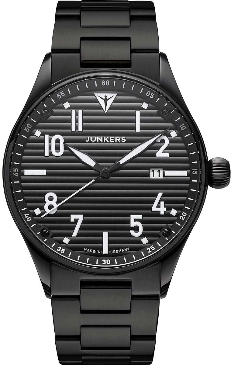 Herrenarmbanduhr von Junkers mit schwarzem Zifferblatt und schwarzem Metallarmband