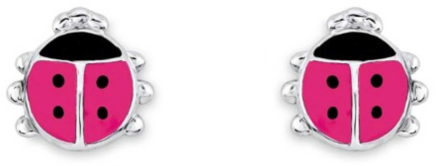 Boucles d'oreilles coccinelle rose avec bordure argentée et points noirs