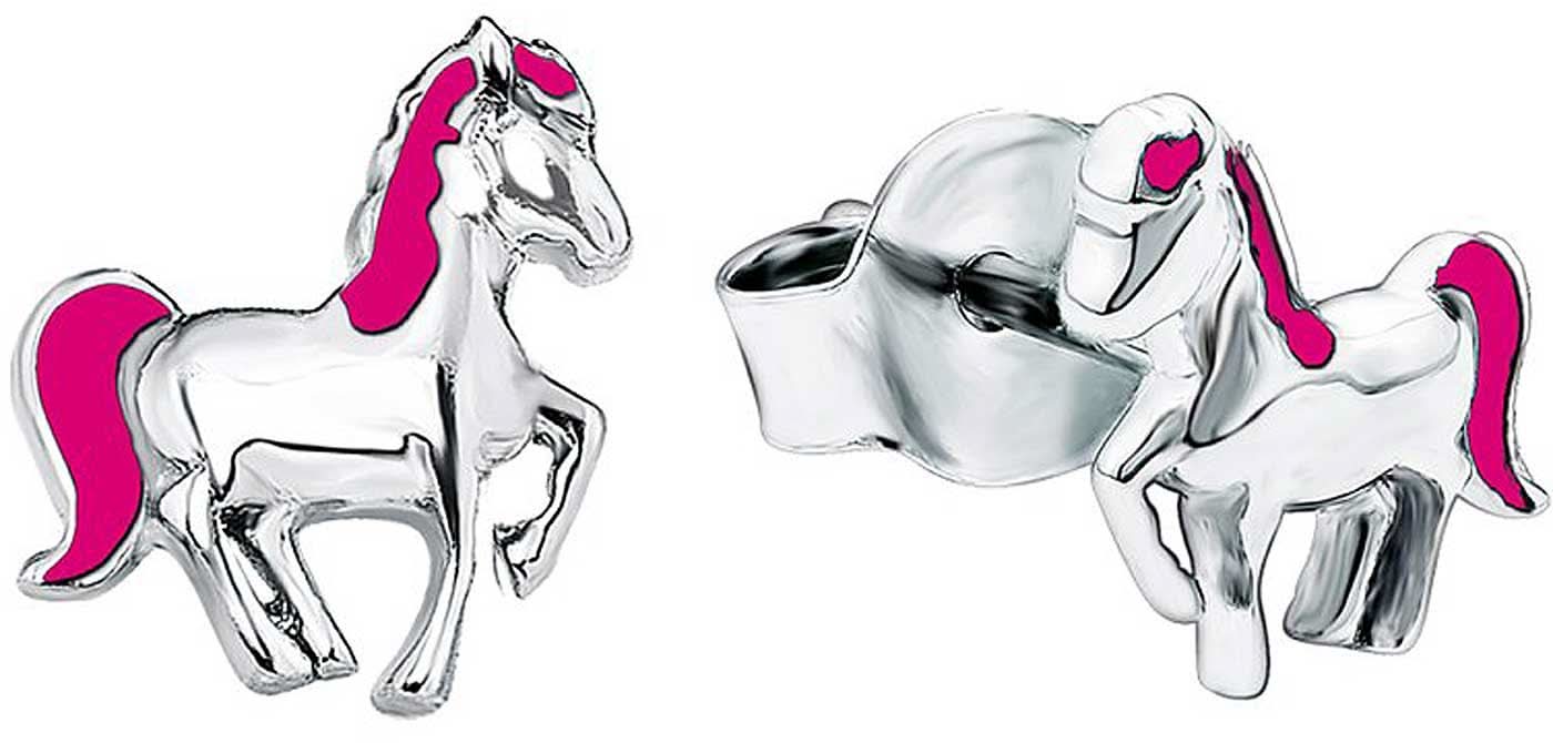 Boucles d'oreilles en argent sterling 925 avec cheval, couleur argent et émail rose