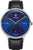 Bracelet unisexe avec cadran bleu, aiguilles argentées et bracelet en cuir noir