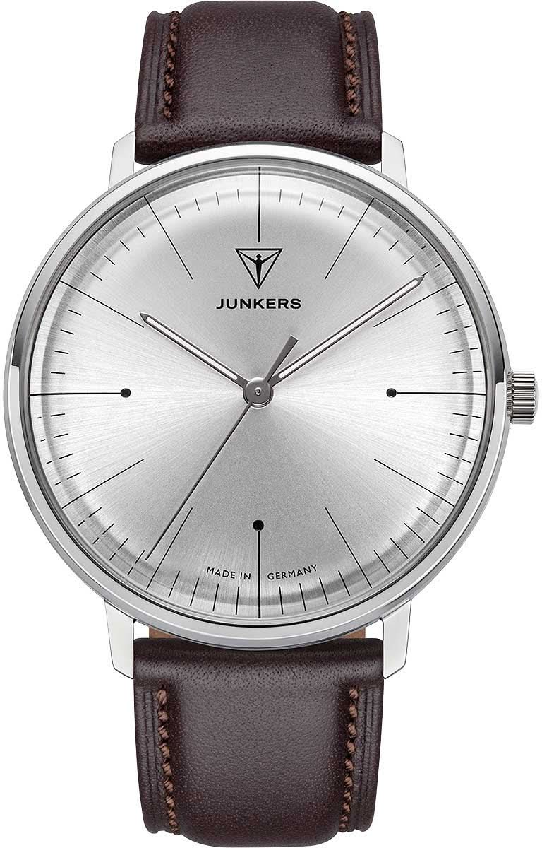 Montre bracelet Junkers pour homme avec cadran rond argenté et bracelet en cuir marron, index.