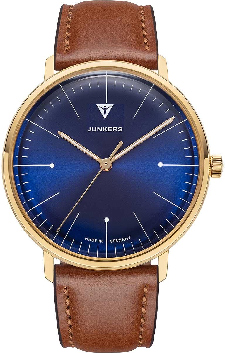 Herrenarmbanduhr Junkers mit blauem Zifferblatt, goldfarbenem Gehäuse und braunem Lederarmband