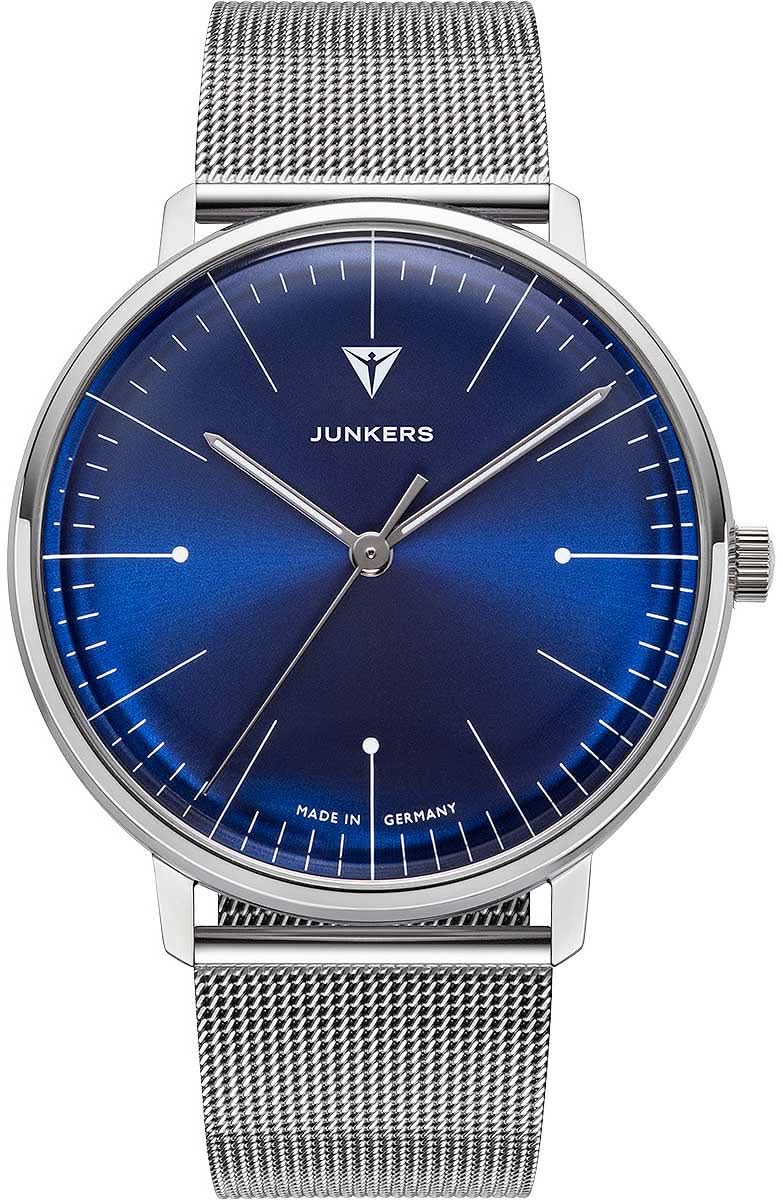 Junkers Herrenuhr mit blauem Zifferblatt, schlankem Mesh-Armband und runder Lünette