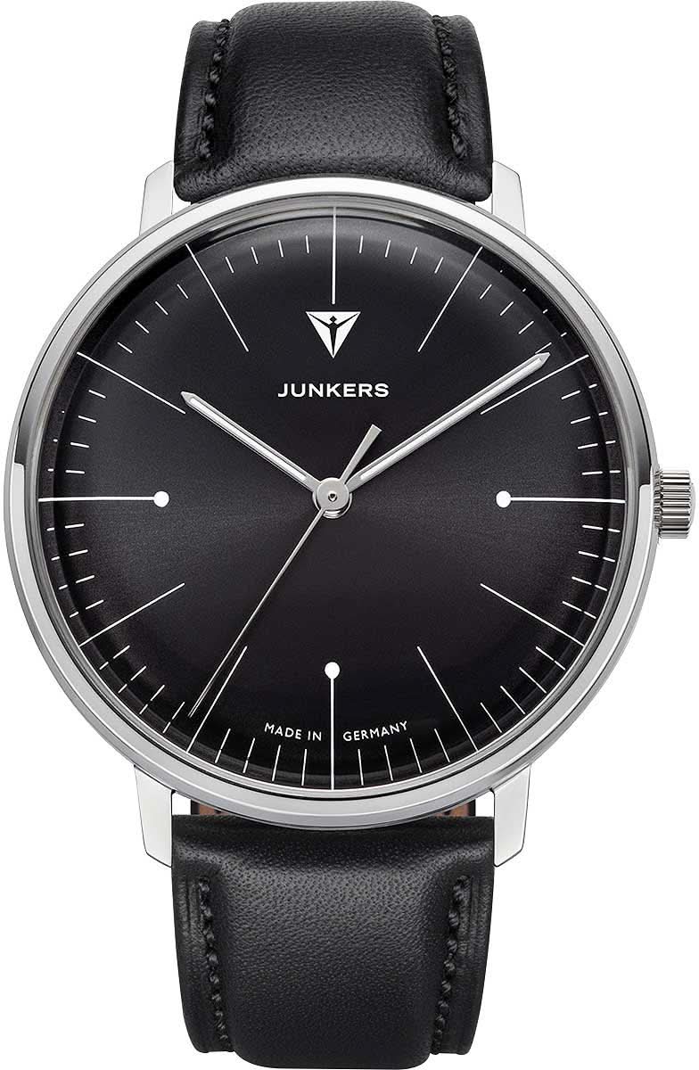 Bracelet de montre pour homme JUNKERS avec cadran noir, boîtier argenté et bracelet en cuir