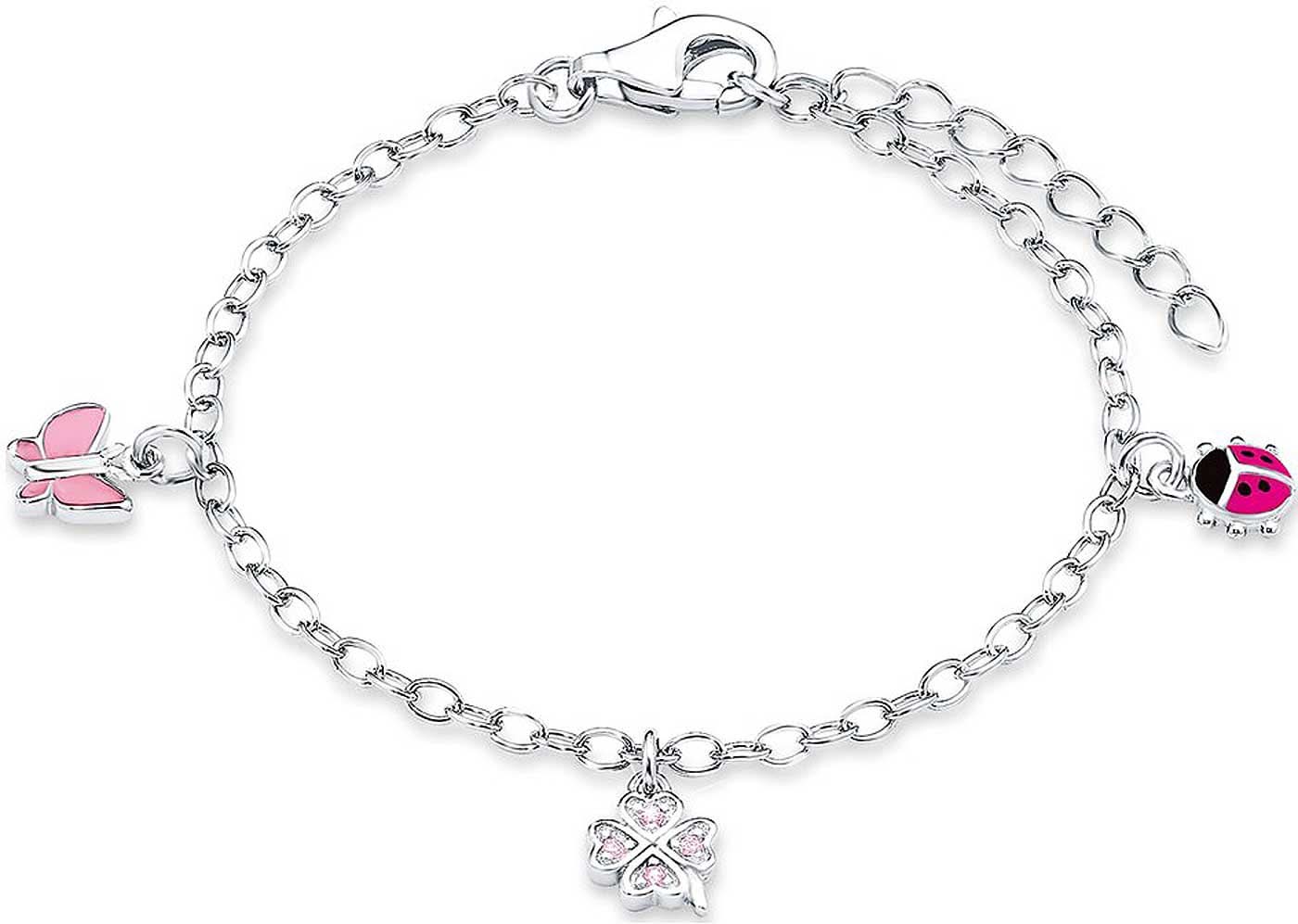 Bracelet jonc en argent avec breloques rose papillon, coccinelle et fleur