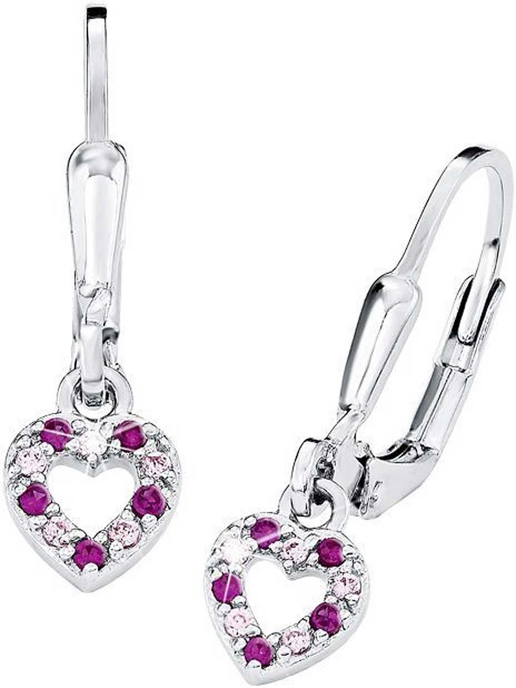 Pendentifs d'oreilles en forme de cœur en métal argenté avec pierres rose-violettes