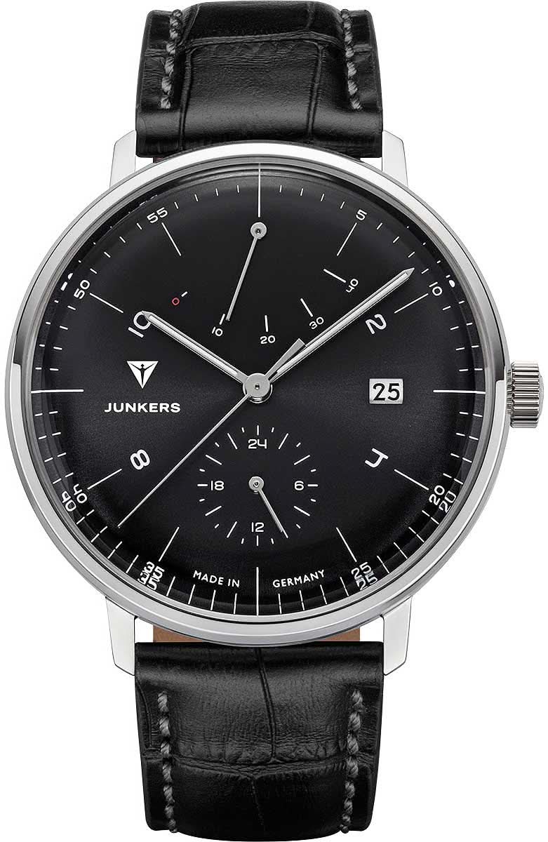 Montre Junkers pour homme avec cadran noir, affichage de la date et bracelet en cuir noir