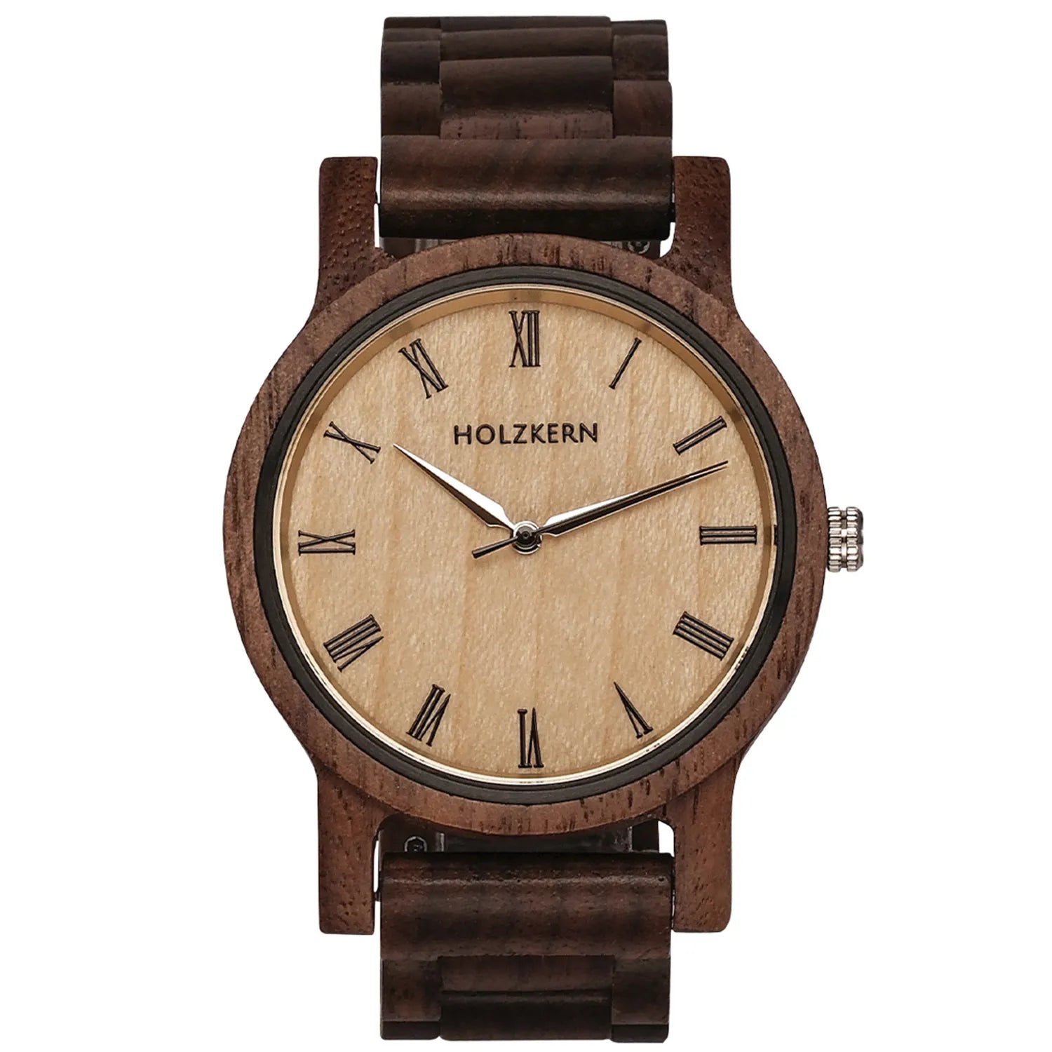 Holzkern-Armbanduhr mit braunem Holzarmband und beigem Zifferblatt, römische Ziffern