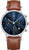 Herrenuhr mit rundem silbernem Gehäuse, blauem Zifferblatt und braunem Lederarmband