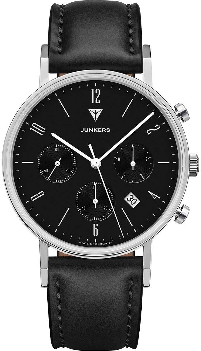 Herrenuhr mit schwarzem Lederarmband, schwarzem Zifferblatt und silbernem Gehäuse