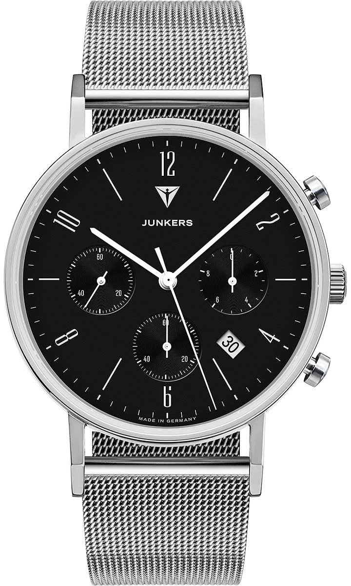 Junkers Montre homme avec cadran noir, boîtier argenté et bracelet en métal
