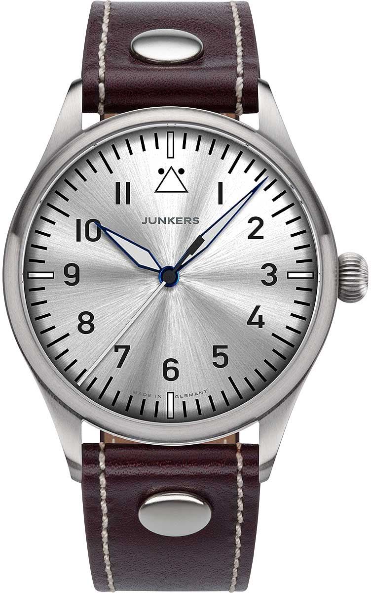 Herrenarmbanduhr: silbernes Gehäuse, braunes Lederband, weißes Zifferblatt