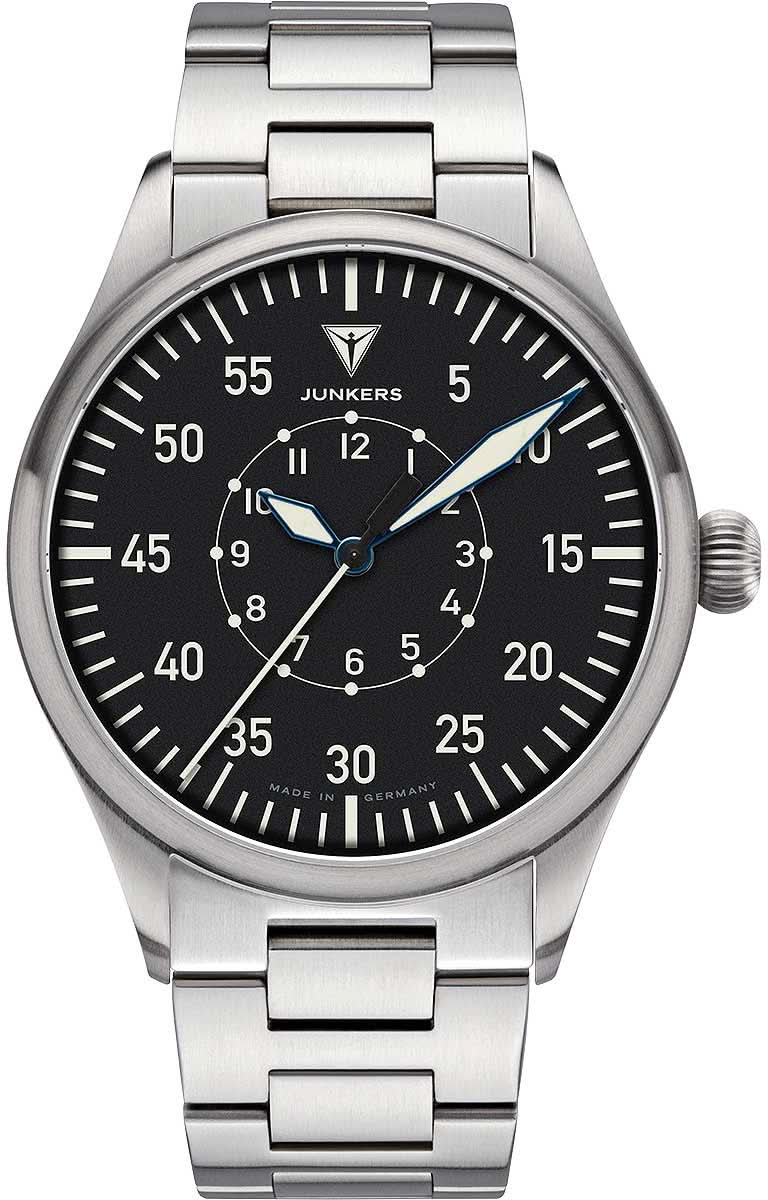 Montre aviateur homme Junkers avec cadran noir, bracelet en acier et affichage analogique