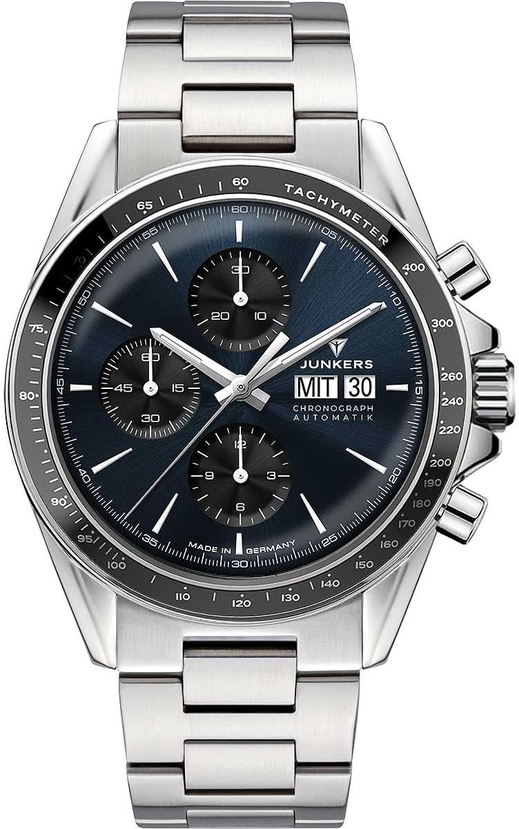 Junkers Montre Homme : Bracelet en acier, cadran chronographe bleu, automatique
