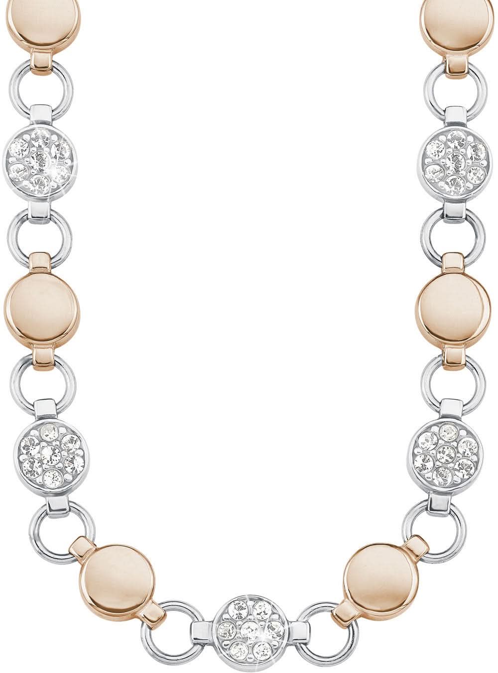 Collier bicolore avec maillons ronds et breloques en cristal argenté et beige