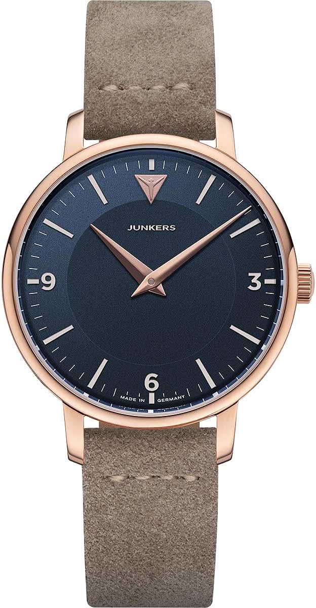 Montre Junkers pour femme style Bauhaus avec cadran bleu foncé, boîtier or rose et bracelet en cuir beige