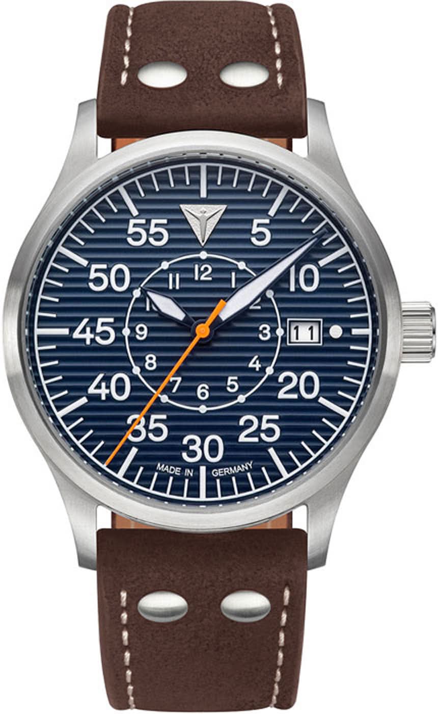 Montre homme avec cadran bleu, bracelet en cuir marron et boîtier en acier inoxydable argenté