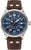 Montre homme avec cadran bleu, bracelet en cuir marron et boîtier en acier inoxydable argenté