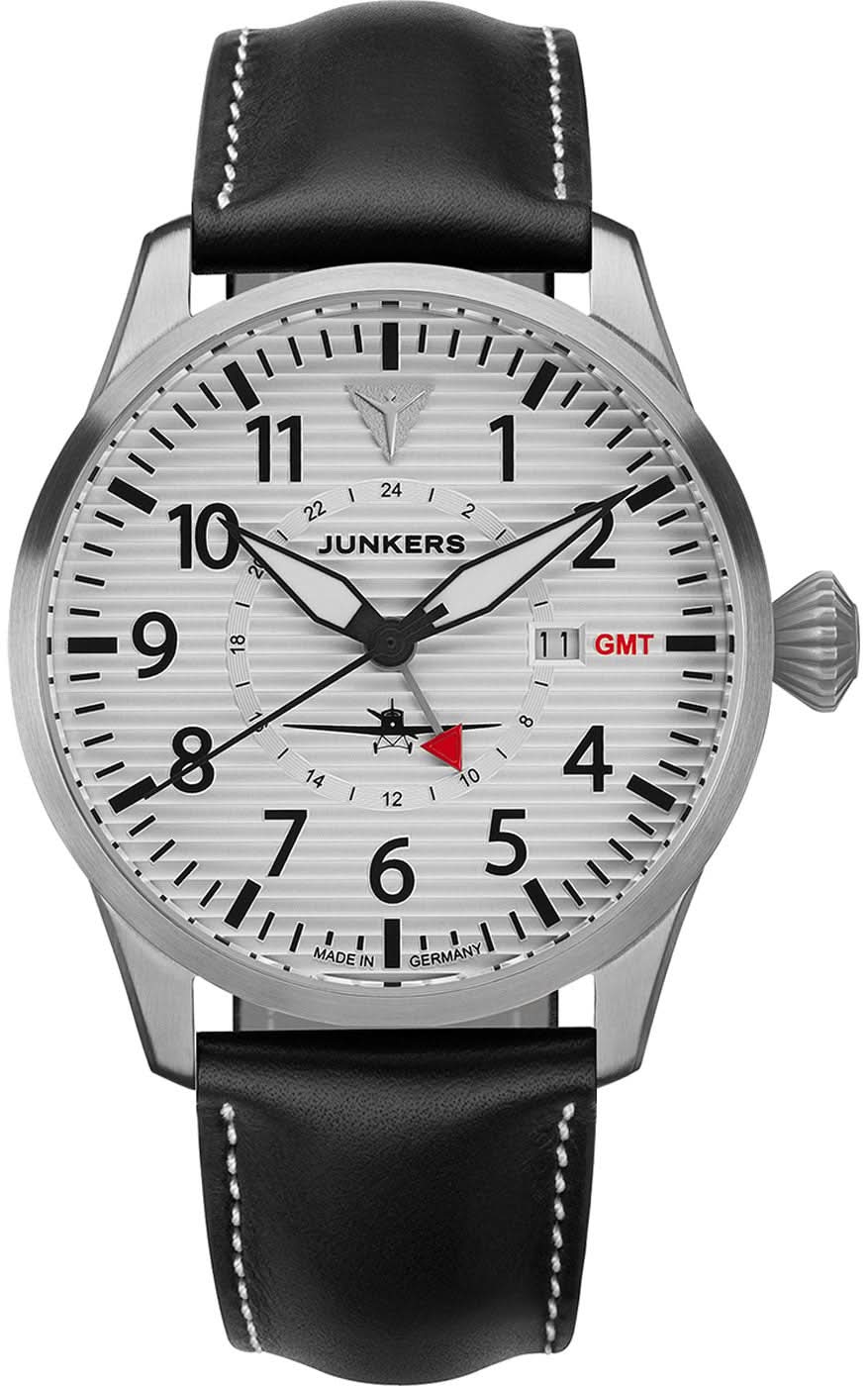 Montre pour homme avec bracelet en cuir noir, boîtier argenté et cadran blanc, GMT