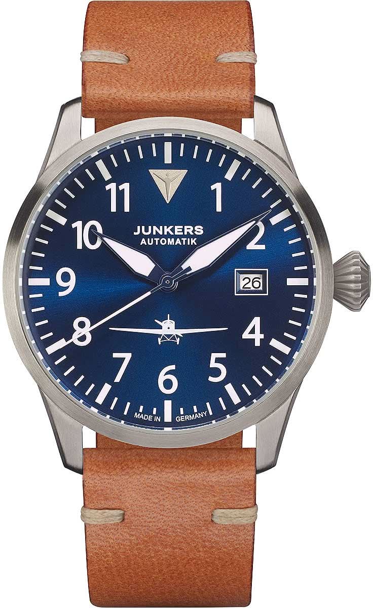 Montre homme avec cadran bleu, guichet date et bracelet en cuir marron, automatique