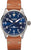Montre homme avec cadran bleu, guichet date et bracelet en cuir marron, automatique