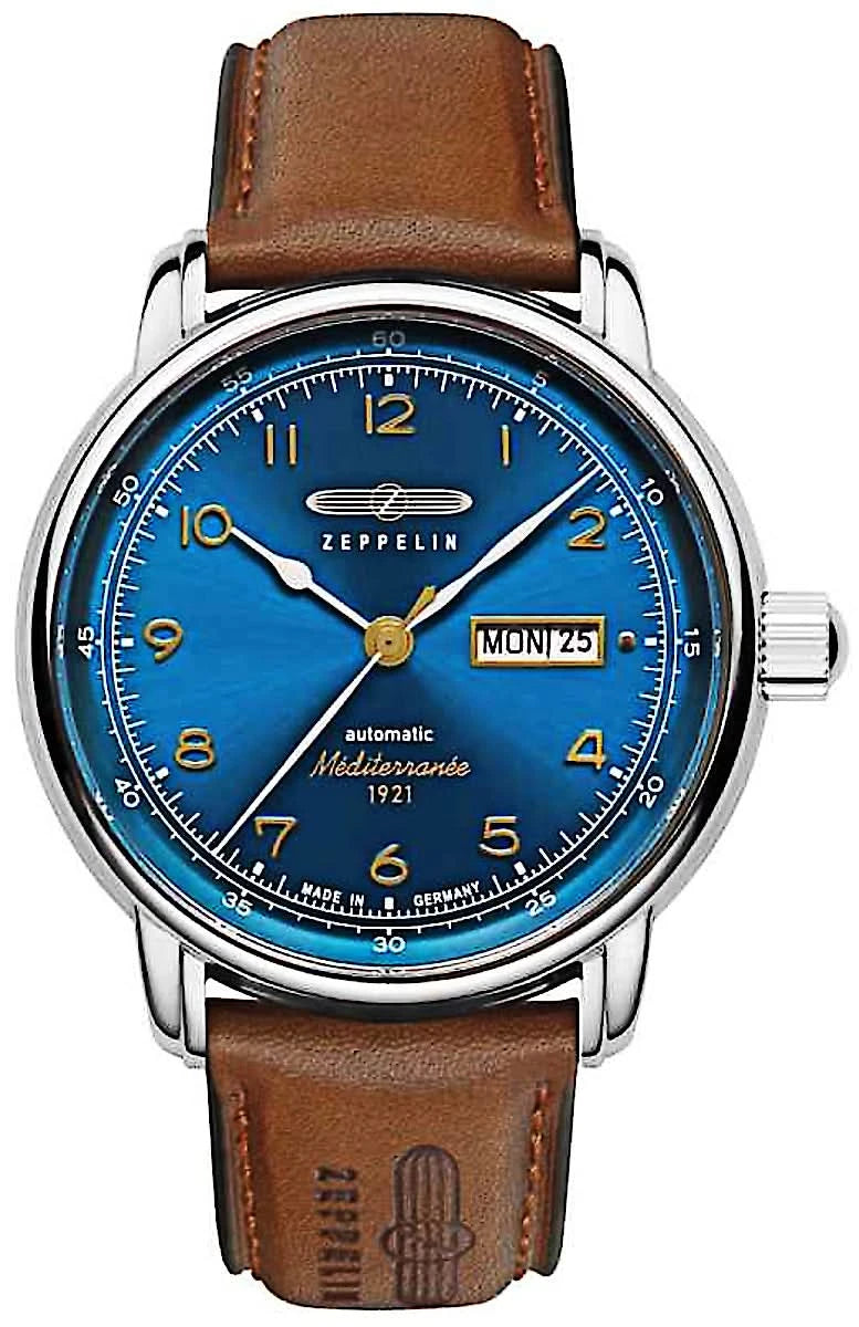 Montre homme avec cadran bleu, affichage de la date et bracelet en cuir marron, automatique
