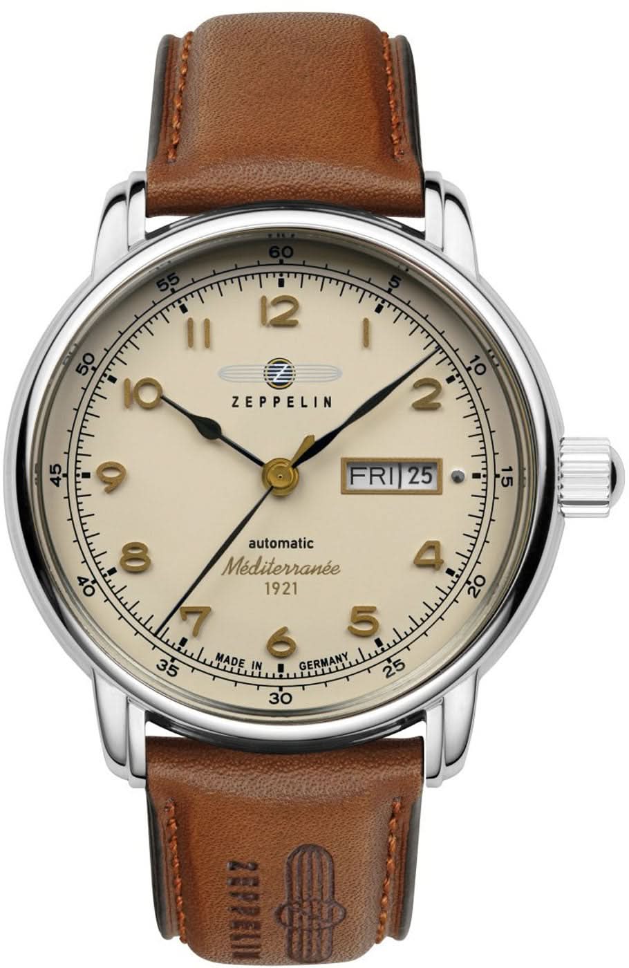 Bracelet pour homme avec bracelet en cuir marron et cadran beige, lunette ronde en acier inoxydable