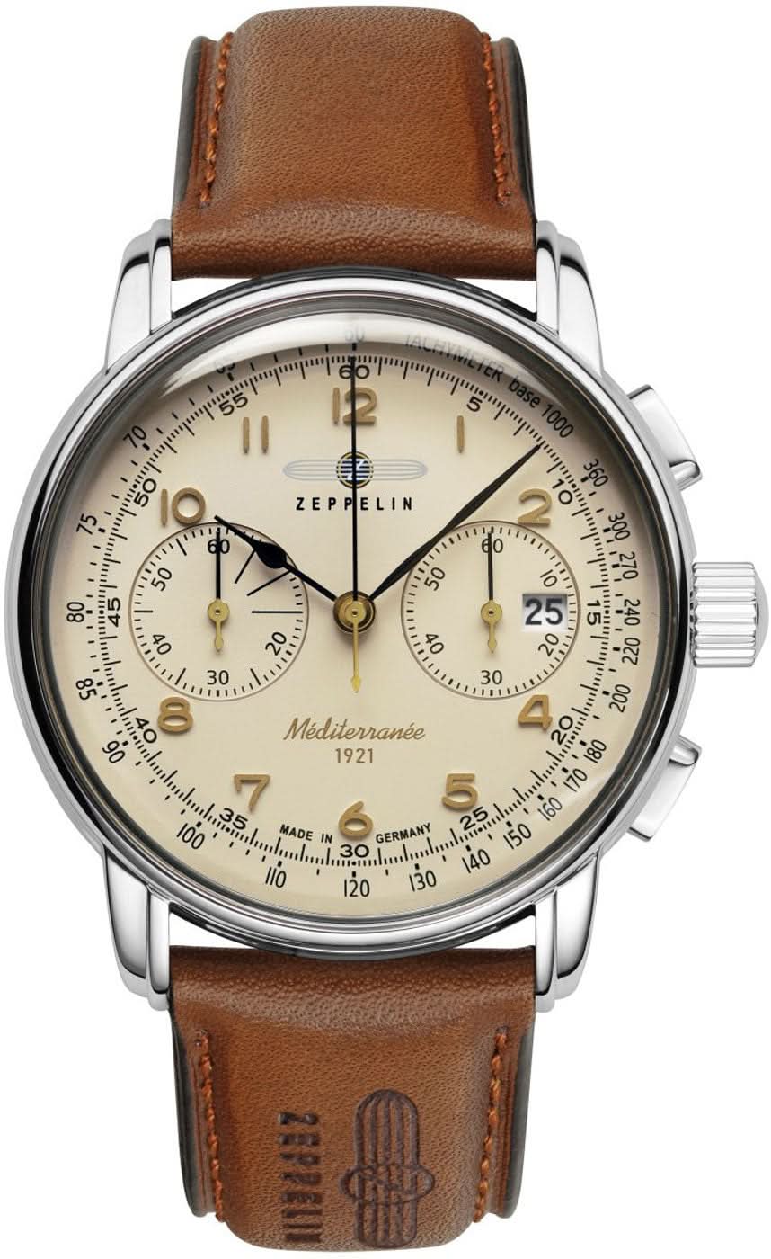 Montre homme avec bracelet en cuir marron et cadran beige, chronographe avec deux sous-cadrans