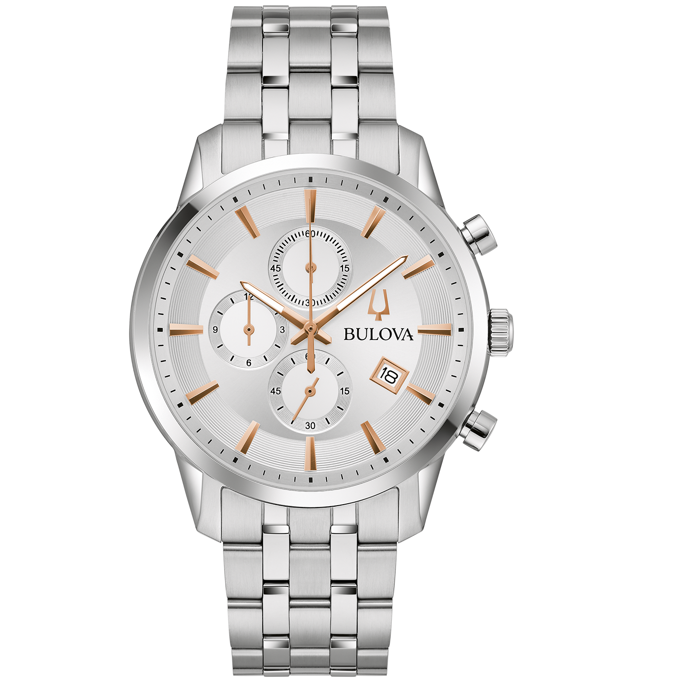 Bulova Chronographenarmbanduhr mit silberfarbenem Edelstahlarmband, weißem Zifferblatt und Datumsanzeige