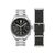 Herrenarmbanduhr mit schwarzem Zifferblatt, Edelstahlarmband und zugehörigem schwarzem Lederband