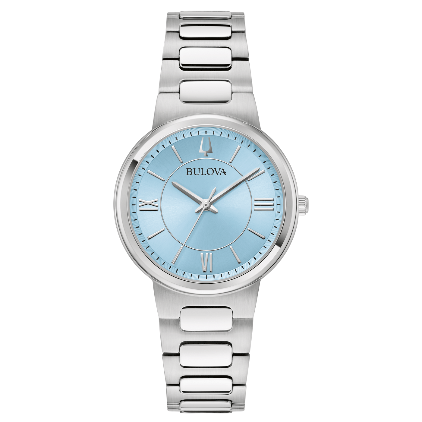 Bulova Damenarmbanduhr: blaues Zifferblatt, römische Indexe, Edelstahlarmband