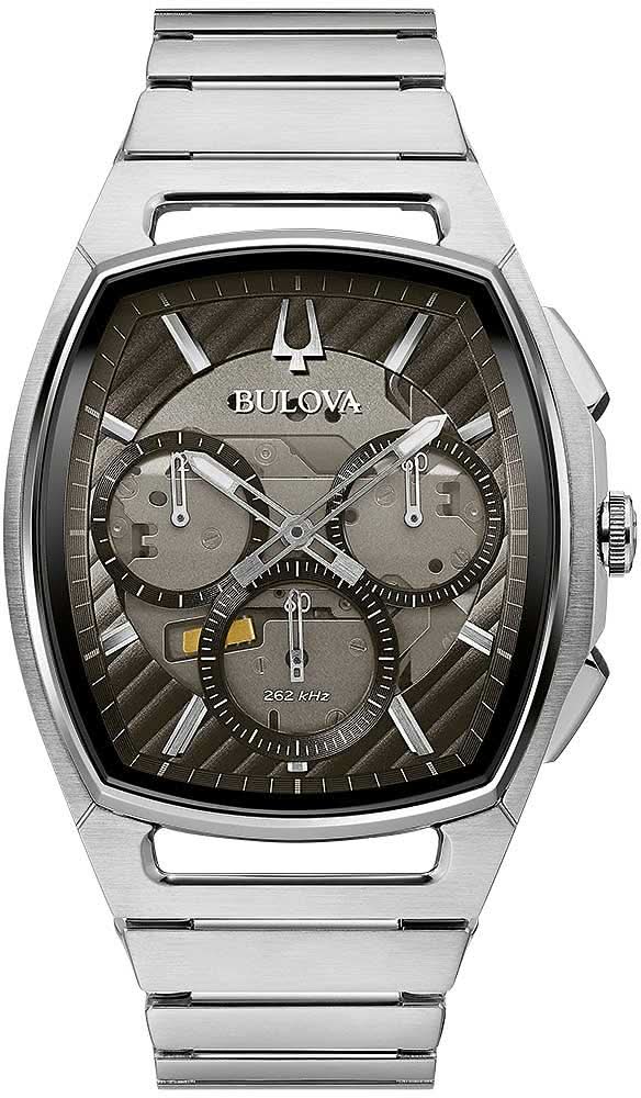 Bulova Herrenuhr mit silbernem Edelstahlarmband und dunklem Zifferblatt, gebogenem Design