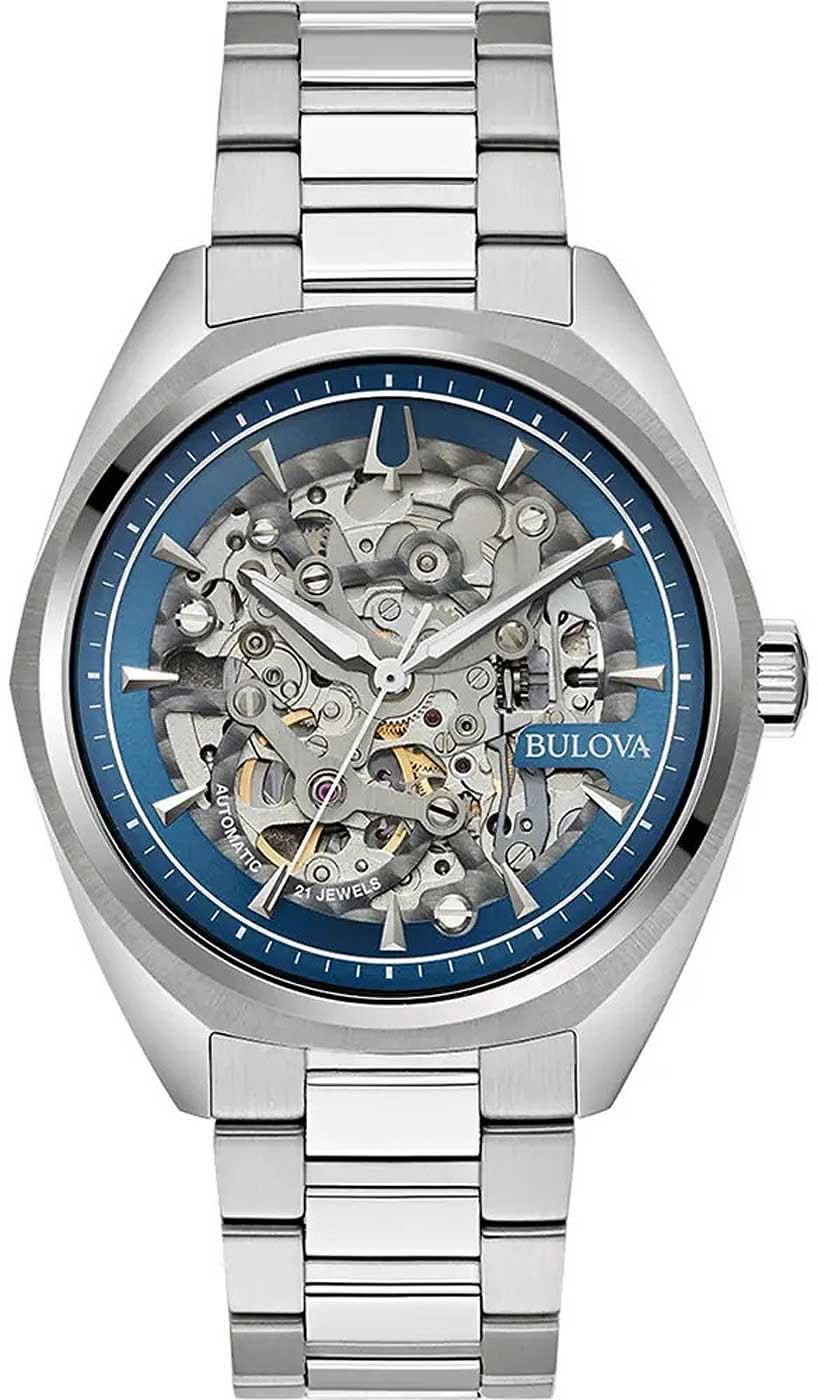 Herrenarmbanduhr mit skelettiertem Automatikwerk und blauem Zifferblatt, Stahlband
