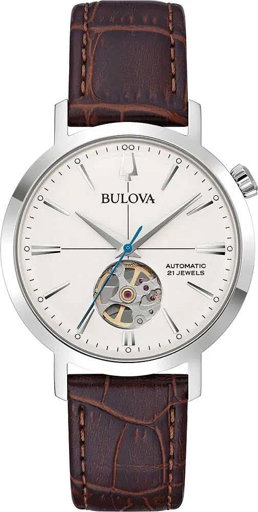 Montre homme avec mouvement apparent, cadran argenté et bracelet en cuir marron